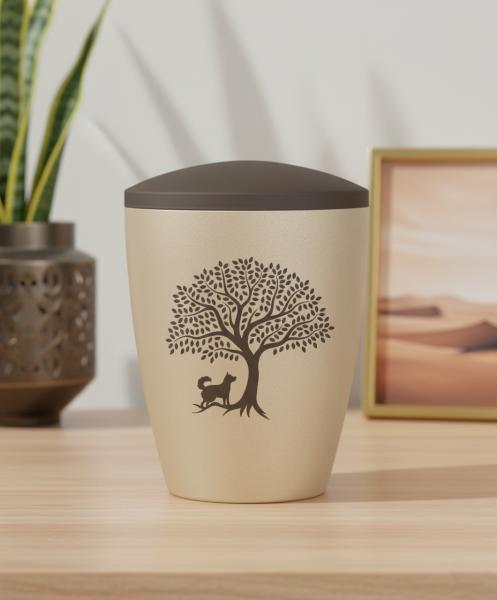 Exclusive and discreet pet urn for dogs in beige with a velvety surface and brown lid, adorned with a pad printed motif of a full tree of life and a loving dog silhouette – A dignified resting place for your little darling.